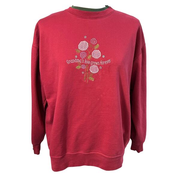 Vintage Grandmas Love Grows Forever Embroidered Sweatshirt L Red Granny 80s - Picture 1 of 10
